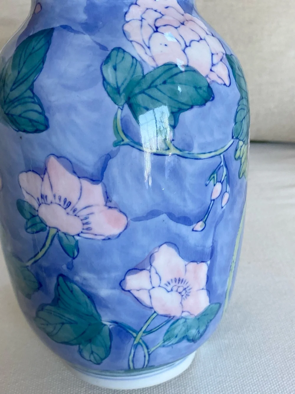 VTG Chinese Hand Painted Blue Pink Peony Flowers Porcelain Baluster Vase 8.5”